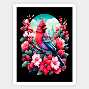 Cute Northern Cardinal Surrounded by Vibrant Spring Flowers Sticker